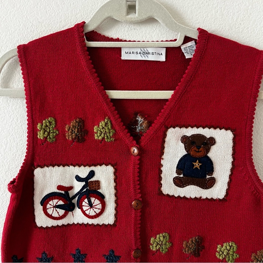 Marisa Christina Vintage Red Wool Blend Americana Teddy Bear Knit Sweater Vest S - Picture 4 of 16